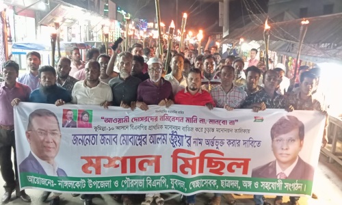 বিএনপির কেন্দ্রীয় নেতা মোবাশ্বের আলম ভূঁইয়ার মনোনয়ন দাবিতে ঢালুয়ায় মশাল মিছিল ও সড়ক অবরোধ 